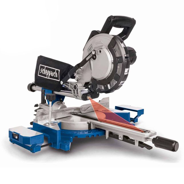 Scheppach mitre saw with metal base and adjustable angle. Ideal for precise cuts.